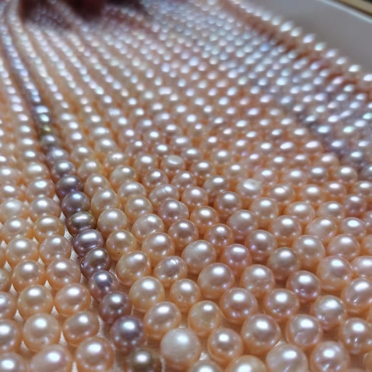 天然淡水珍珠 7-8mm毫米近圆形珍珠 半成品项链发财树散珠粉紫色低价批发产品图