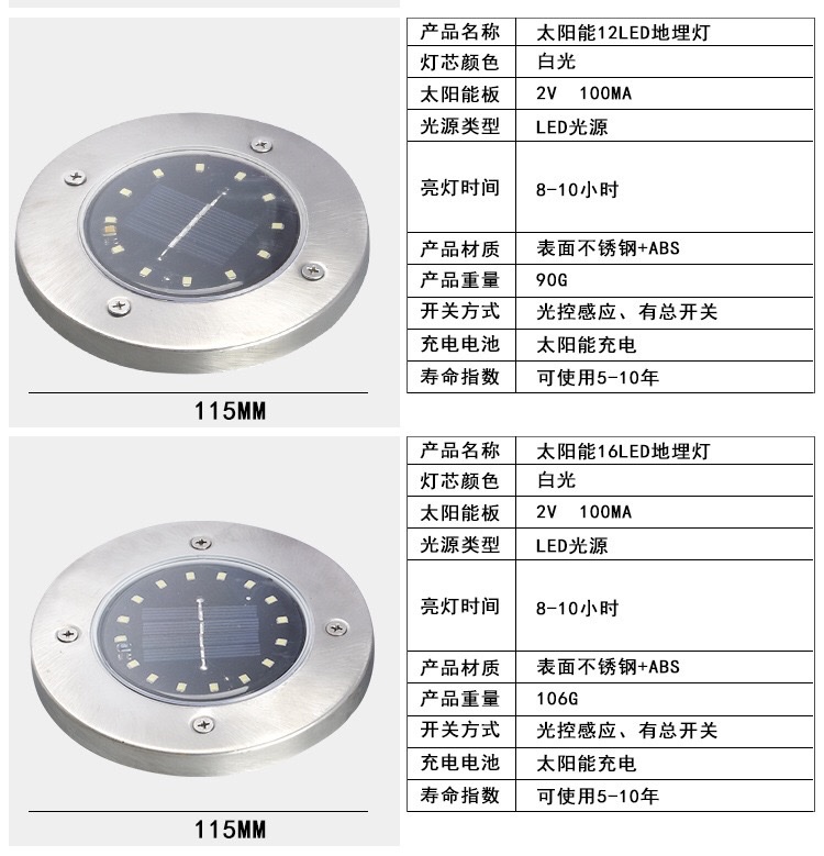 跨境专供太阳能地埋灯8LED不锈钢户外新款插地草地灯庭院花园防雨详情图7