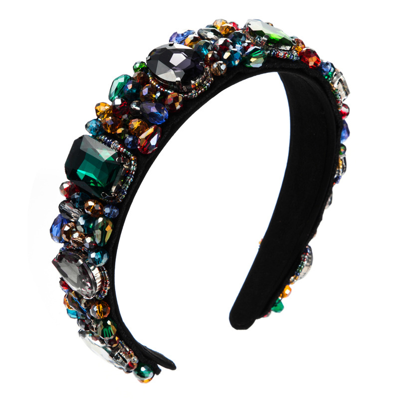 European And American Women's Bohemian Rhinestones Baroque With Crystal Wide Edge Retro Court Style Headband Specification drawing