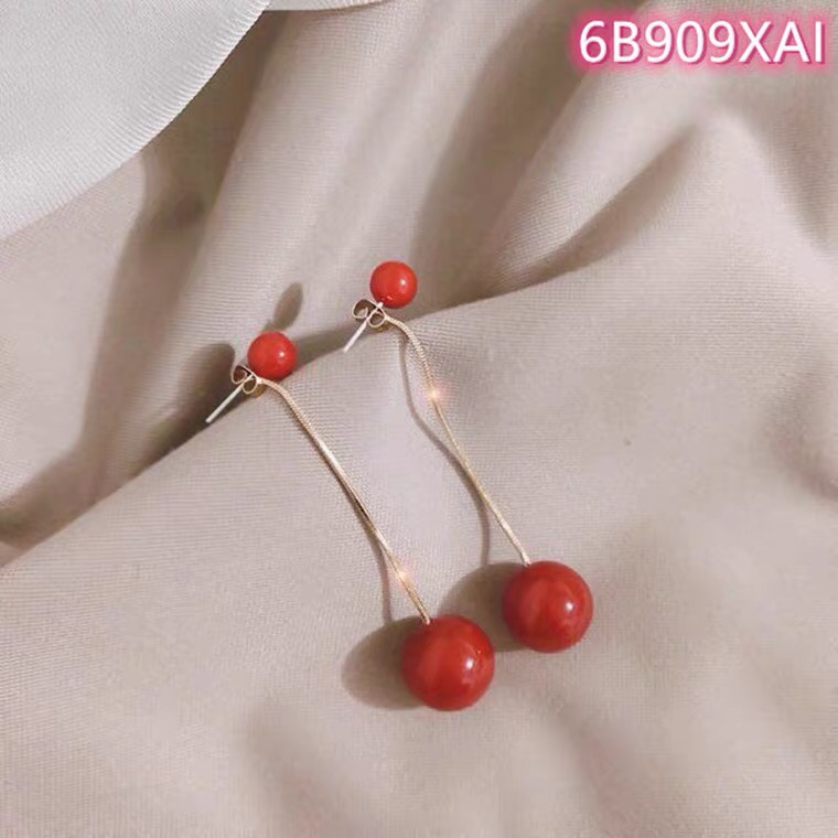 s925银针东大门长款流苏珍珠耳环 女韩版简约红色ins小耳坠耳饰品