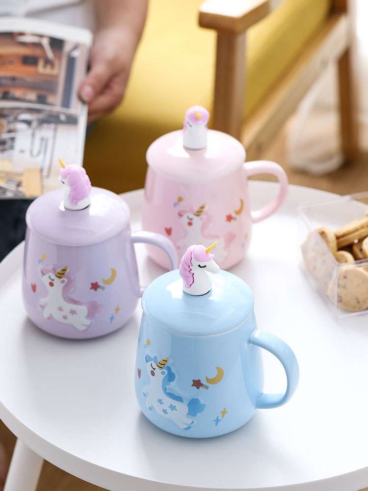 Creative cartoon ceramic cups, cute girl office cups, unicorn covered mugs, simple household water cups detail image 9