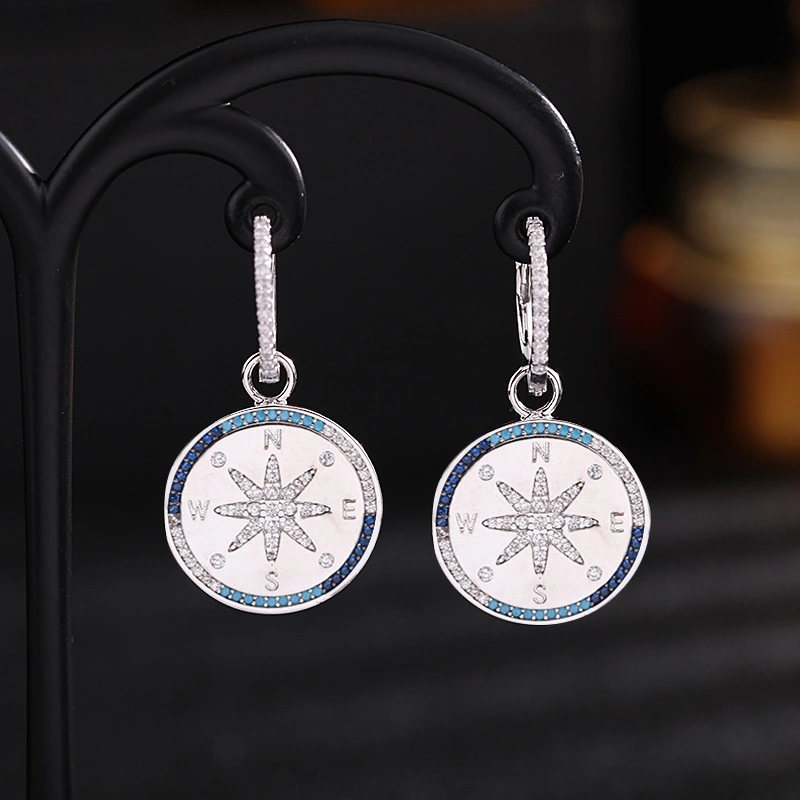 European and American earrings, light luxury blue compass anchor tag personalized earrings, women's silver cross-shaped star-shaped ear buckles detail image 3