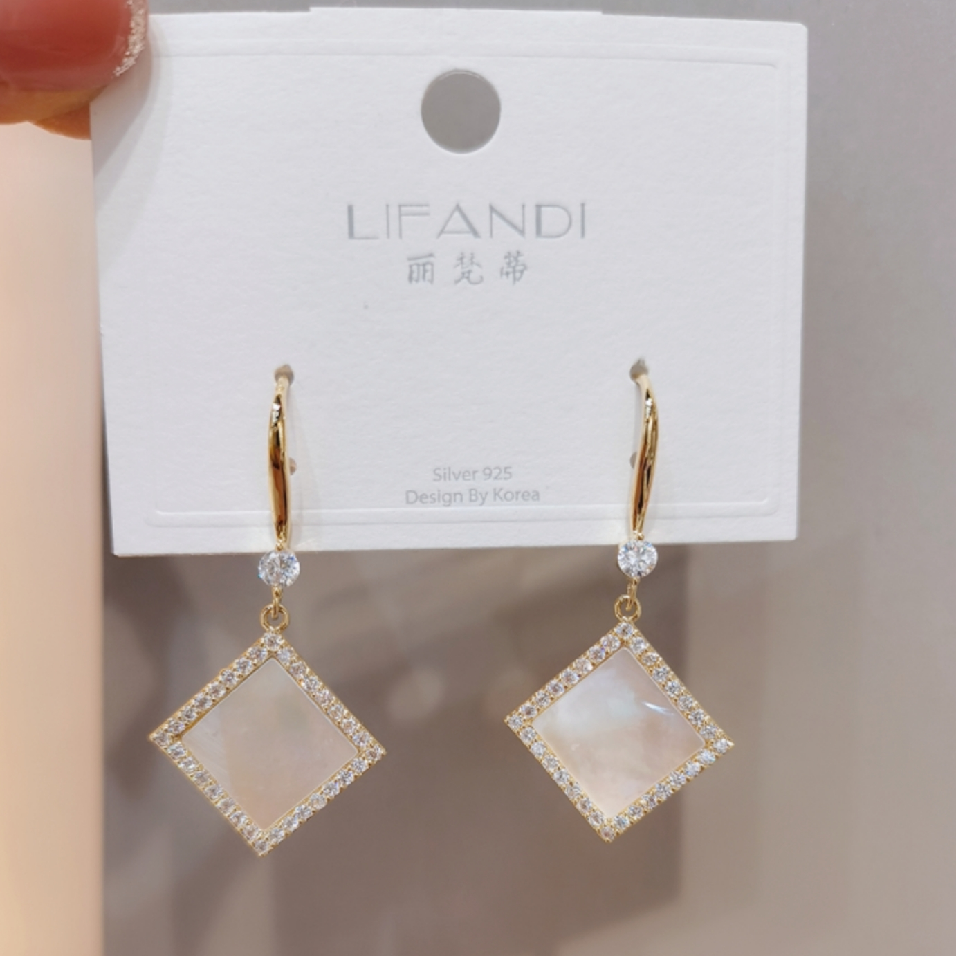 锆石微镶天然贝母耳环LIFANDI新品耳环钻菱形设计韩式简约风尽显优雅气质