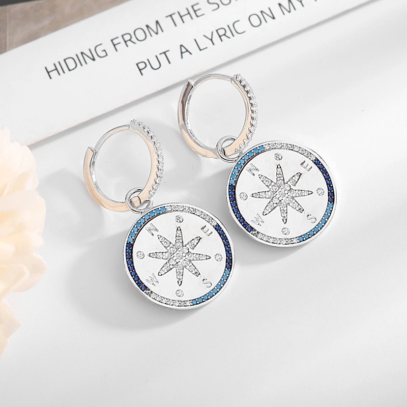 European and American earrings, light luxury blue compass anchor tag personalized earrings, women's silver cross-shaped star-shaped ear buckles detail image 2