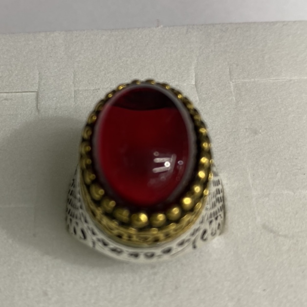 Electric antique silver 13x18 oval two-color background big red gemstone antique fashion men's ring