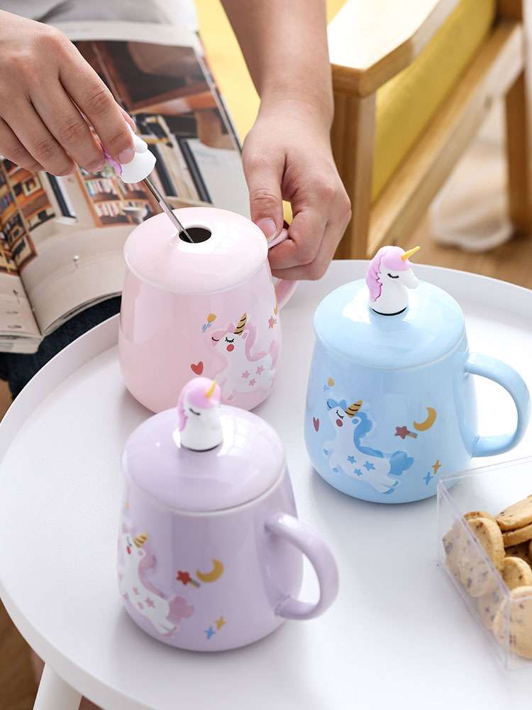 Creative cartoon ceramic cups, cute girl office cups, unicorn covered mugs, simple household water cups detail image 10