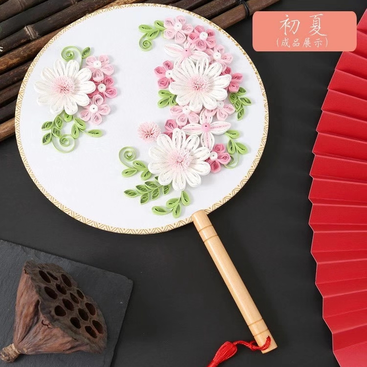 DIY手工制作衍纸套装-13古风团扇 干花扇 DIY材料亲子活动教师节礼物永生花手工扇材料