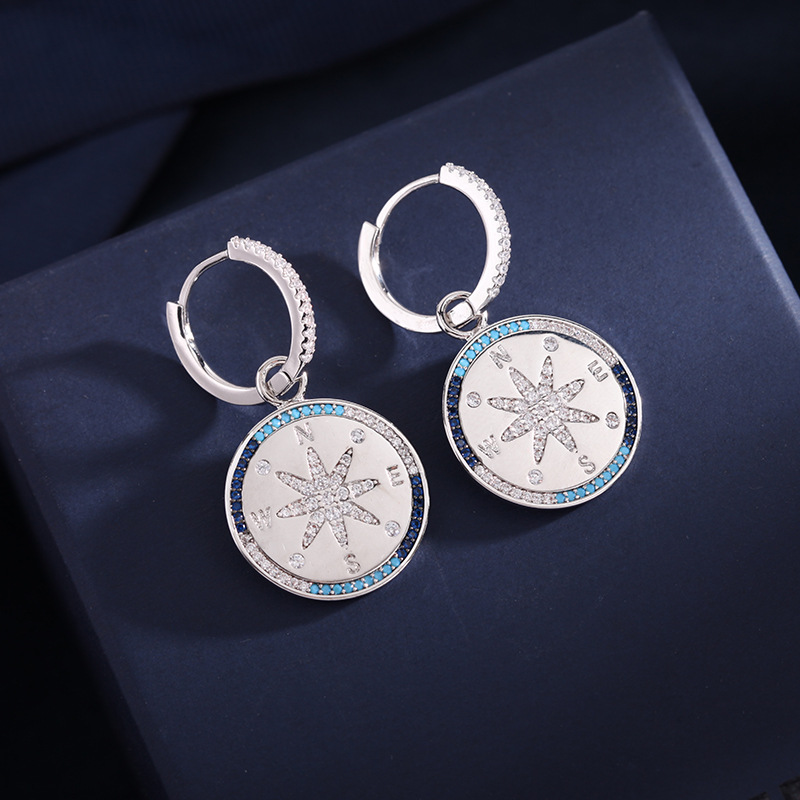 European and American earrings, light luxury blue compass anchor tag personalized earrings, women's silver cross-shaped star-shaped ear buckles details Picture