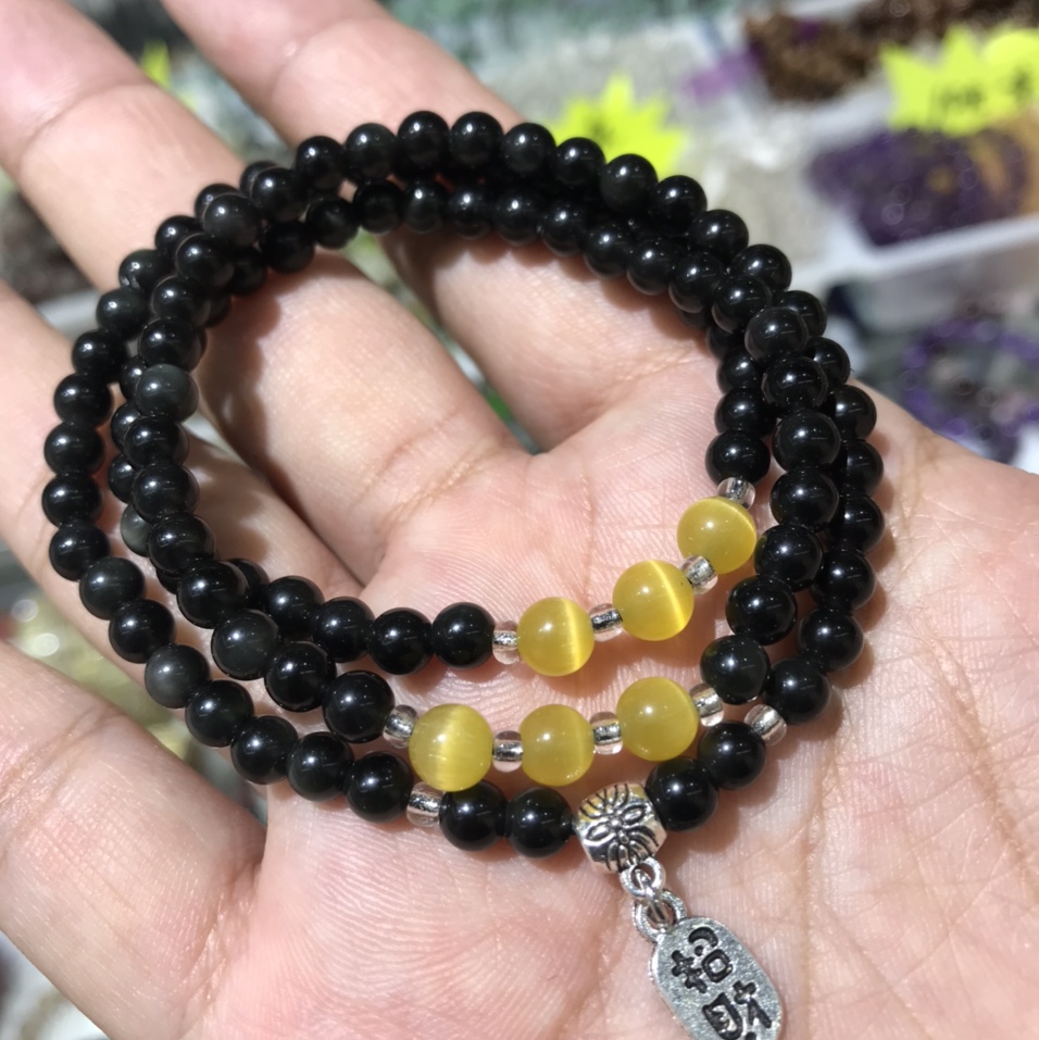 １５年老店白玉晶珠宝黑曜石5mm三圈手链