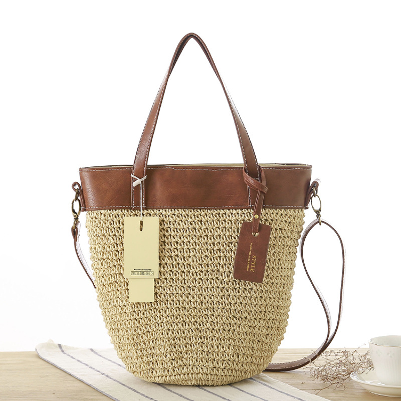 一件代发新款简约纯色草编包森女系单肩斜挎手拎三用编织包