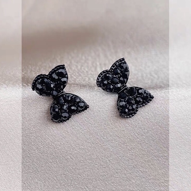 Small delicate black bow set rhinestones fashion niche earrings