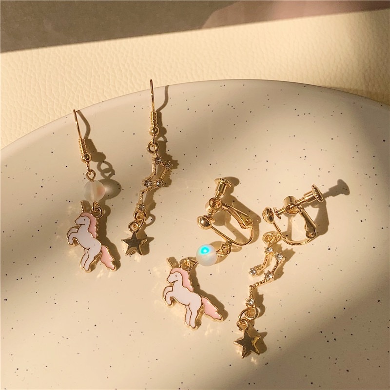Earrings, ear clips, ear studs, Dongdaemun asymmetrical, unique cartoon alloy, starry sky, epoxy resin, little horse animal earrings, for women Specification image