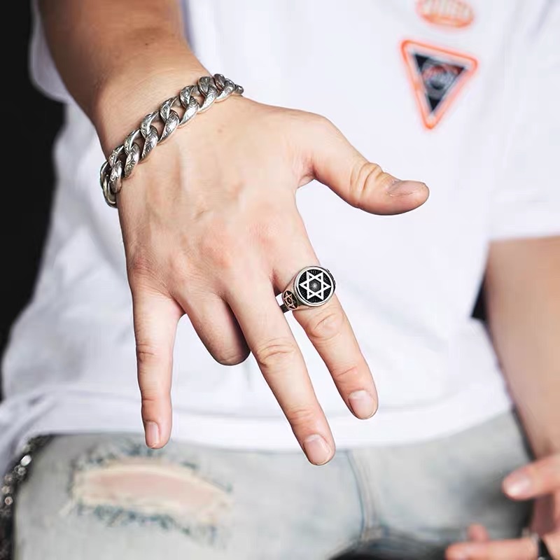 European and American retro ring, men's trendy hip-hop and powerful single ring, titanium steel index finger ring Specification image