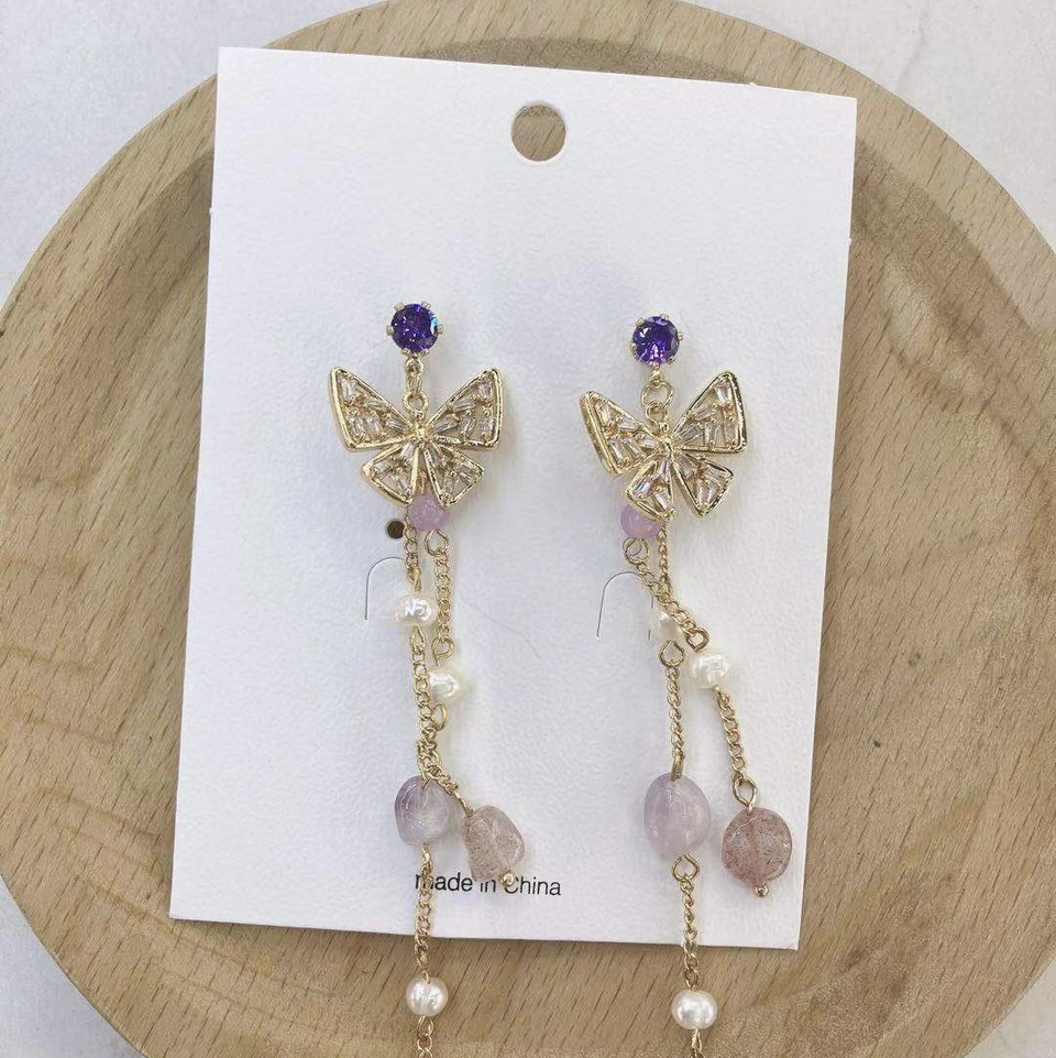 Baroque butterfly stone Pearl love pearl splicing long earrings for women Korean temperament earrings 2021 new