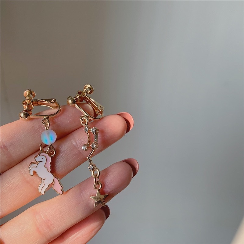 Earrings, ear clips, ear studs, Dongdaemun asymmetrical, unique cartoon alloy, starry sky, epoxy resin, little horse animal earrings, for women Item Picture