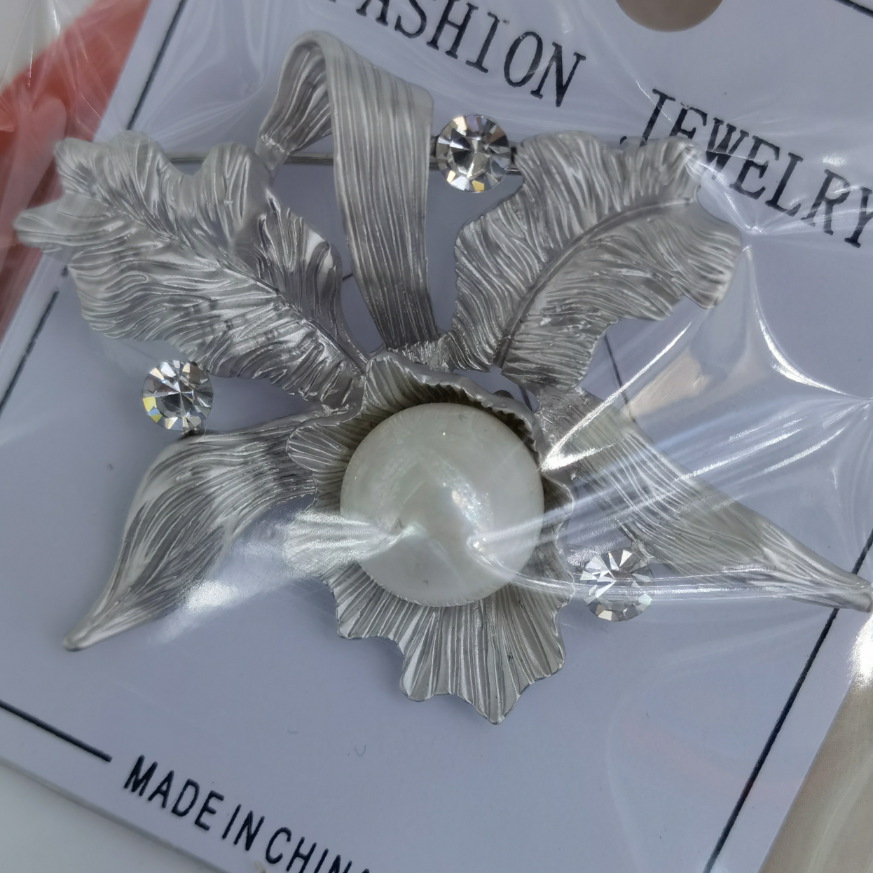 Asian silver leaf pearl brooch