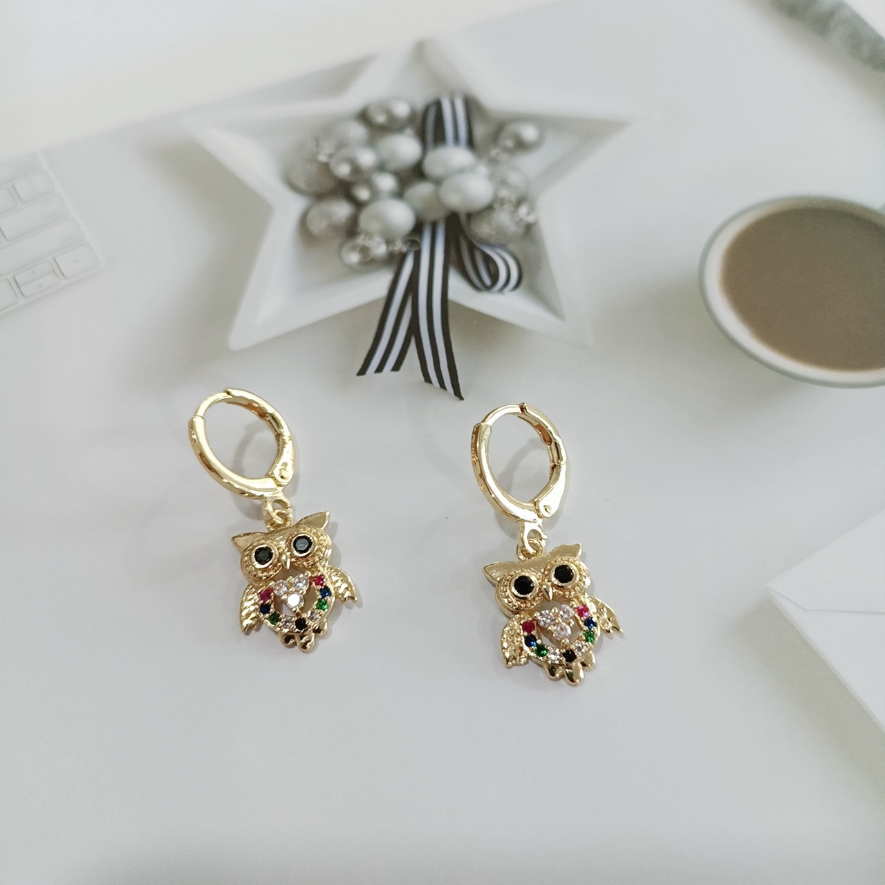 Korean version color zirconium owl earrings