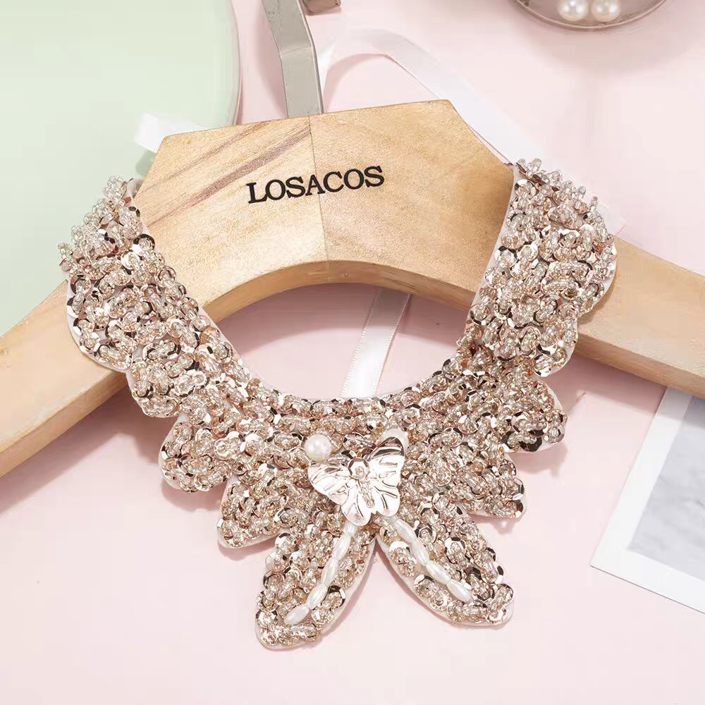 Korean fashion doll collar gold nail beads glitter female false collar Pearl glitter decorated Spring and autumn shirt sweater false collar 3