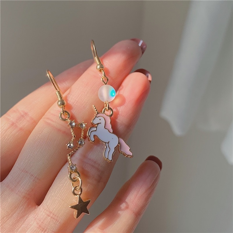 Earrings, ear clips, ear studs, Dongdaemun asymmetrical, unique cartoon alloy, starry sky, epoxy resin, little horse animal earrings, for women details Picture