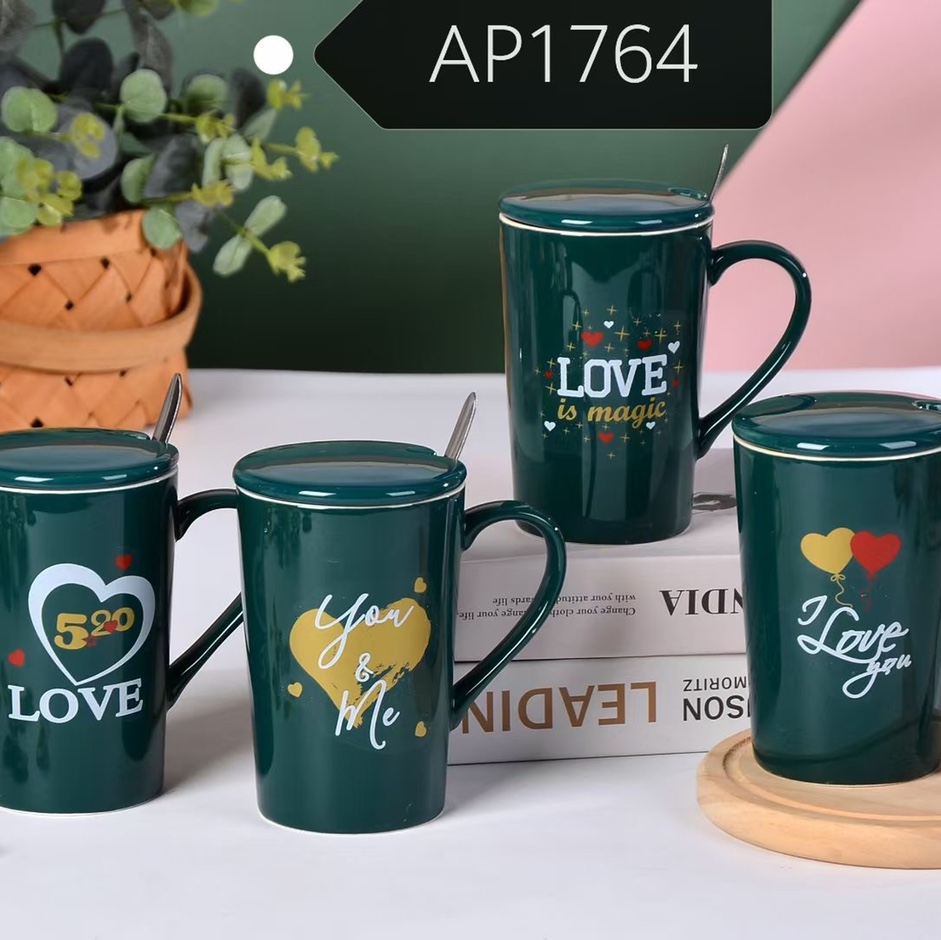 Valentine's Day 10-ounce ceramic cup with lid mug, smart milk heating wonder, warm home base AP1764-LOVE520 Valentine's Day series Ceramic cup