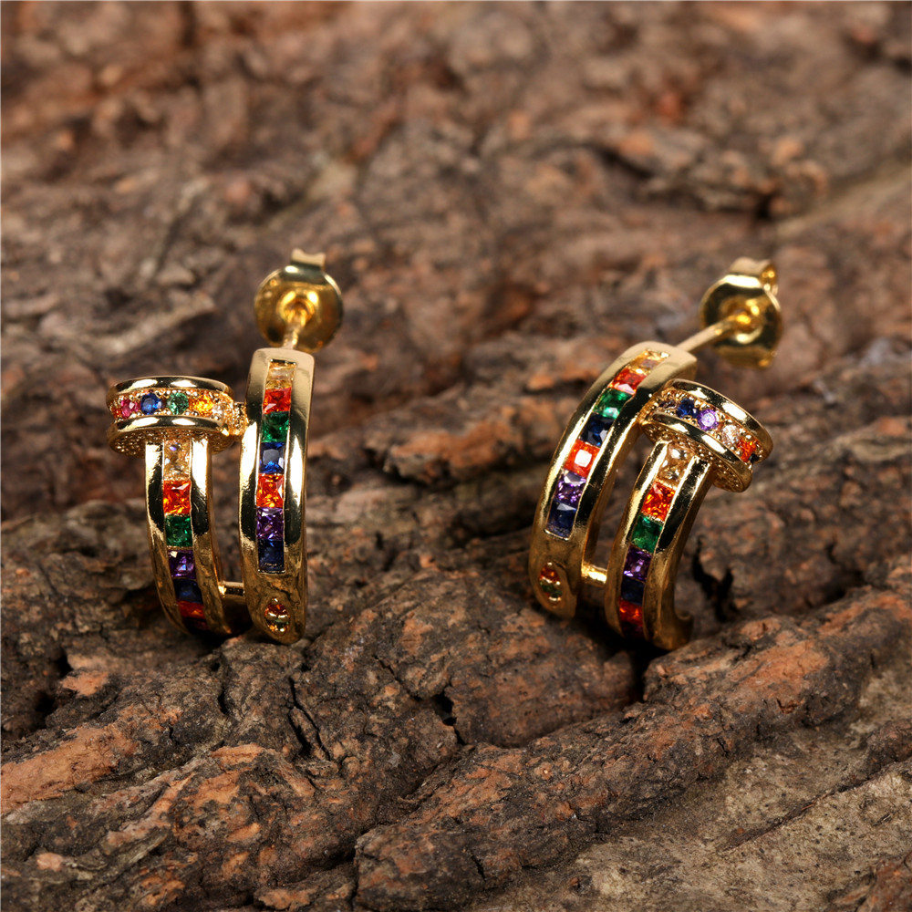 Manufacturers wholesale copper plated gold inset color square zircon earrings fashion temperament C-shaped nail earrings thumbnail