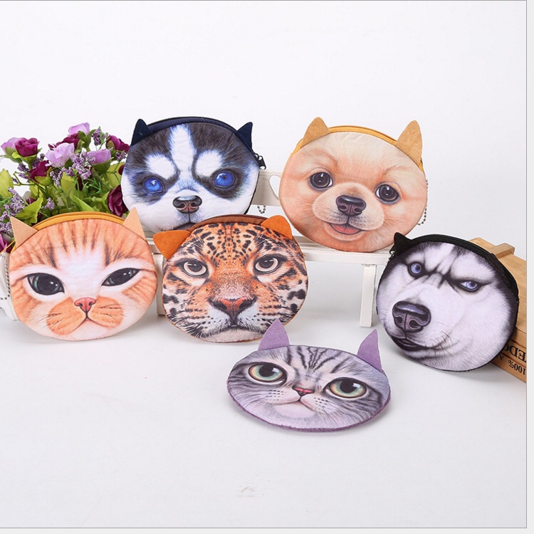 卡通印花毛绒动物零钱包 拉链３Ｄ仿真猫包 创意硬币包