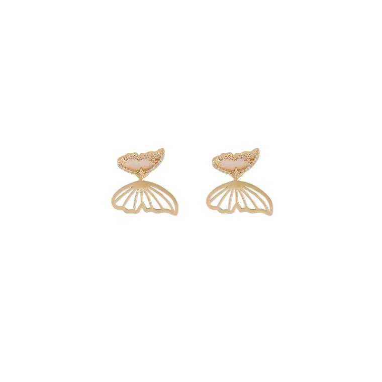 This is a new French light luxury style ear accessory for women in 2021, featuring double-ear stud earrings and mother-of-pearl butterfly earrings detail image 1