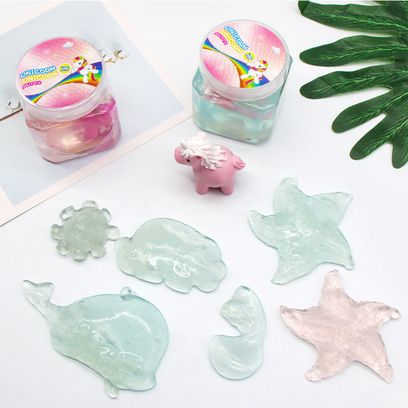Bottle of Slime Unicorn contains a shiny electronic ball for kids with DIY clear clay decompression pinch