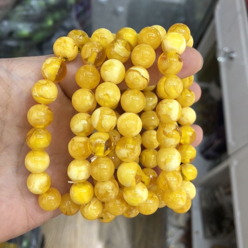 二代蜜蜡10里圆珠手串 鸡油黄飘花蜜蜡手串