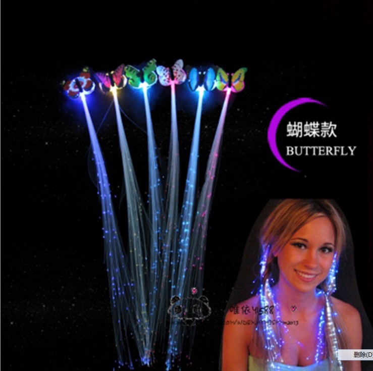 led发光七彩蝴蝶辫子光纤发夹闪光辫子七彩假发头饰圣诞产品玩具混色