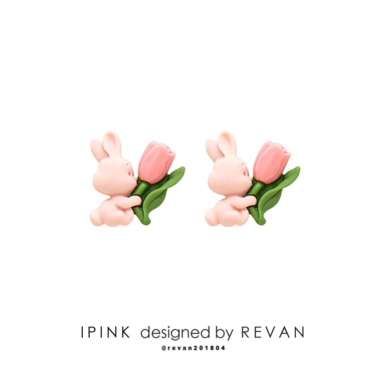 IPINK抱花粉小兔可爱银针耳钉耳夹无耳洞少女感甜美仙粉色学生717