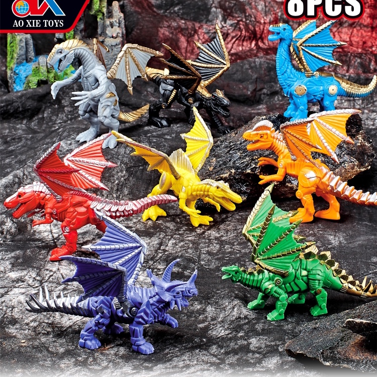 Eight colorful dinosaurs are static
