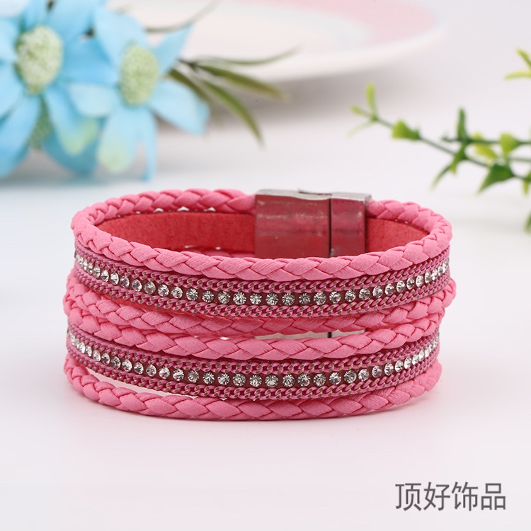 时尚百搭手工编绳女式手链 皮革多元素磁铁扣手链批发 镶钻饰品 