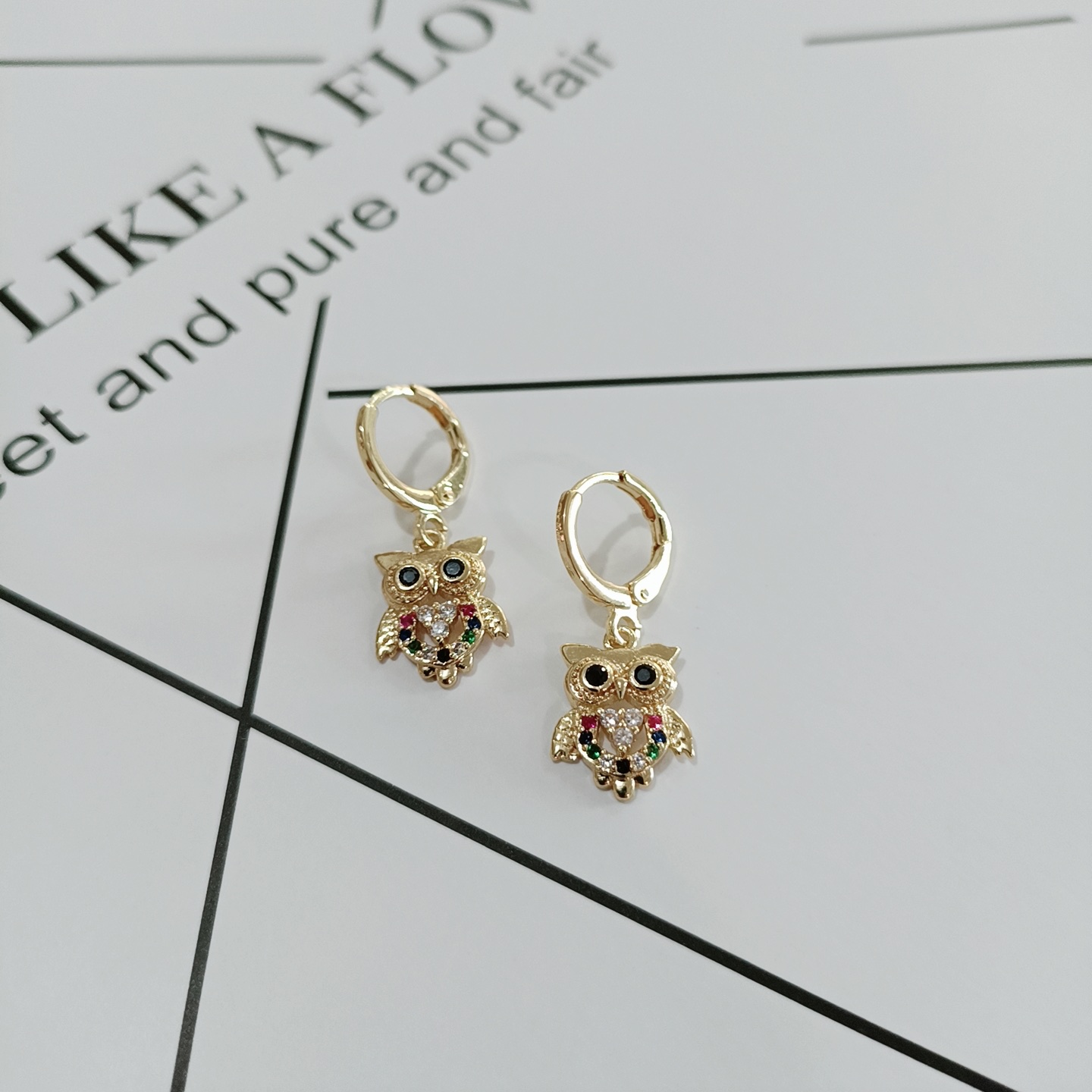 Korean version color zirconium owl earrings details Picture