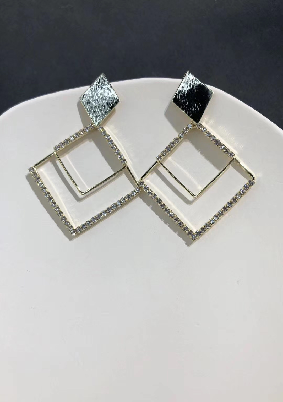 Simple Commuter S925 Silver Needle square Zircon hollowed-out earrings, fashionable and elegant, niche design, ins Korean earrings 1 details Picture
