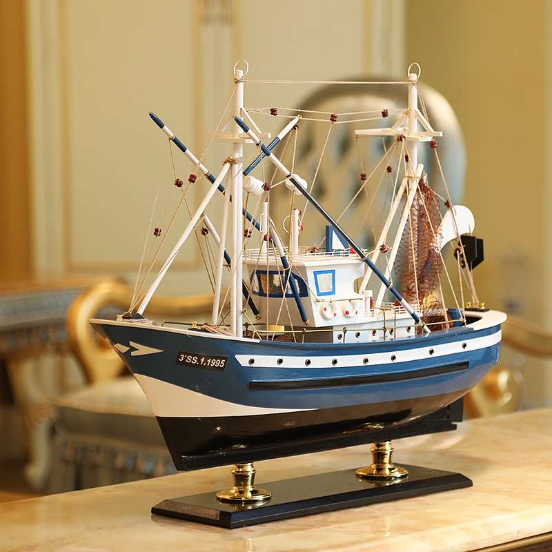 Wooden Creative Smooth Sailing Fishing Boat Model Decoration Large Entryway Decoration Pirate Ship Crafts Fish Boat Simulation Wooden Decoration Handicraft details Picture