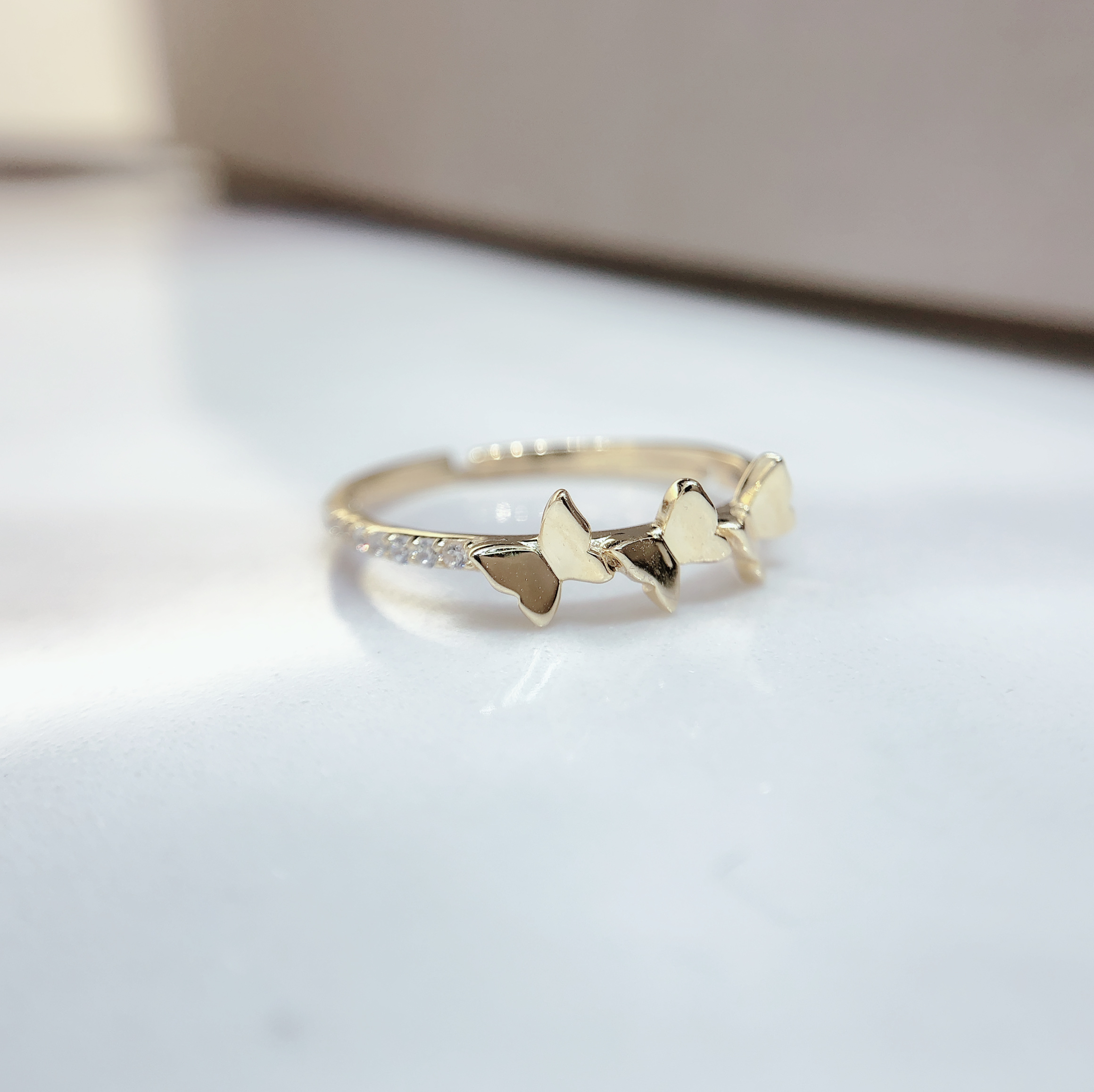 纯银925锆石蝴蝶开口戒指白底实物图