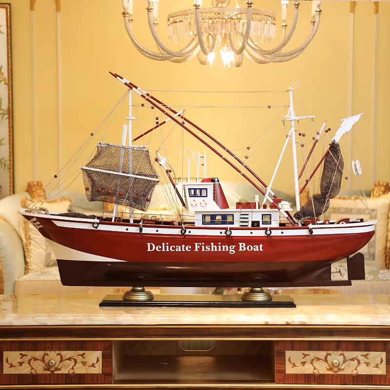 Wooden Creative Smooth Sailing Fishing Boat Model Decoration Large Entryway Decoration Pirate Ship Crafts Fish Boat Simulation Wooden Decoration Handicraft