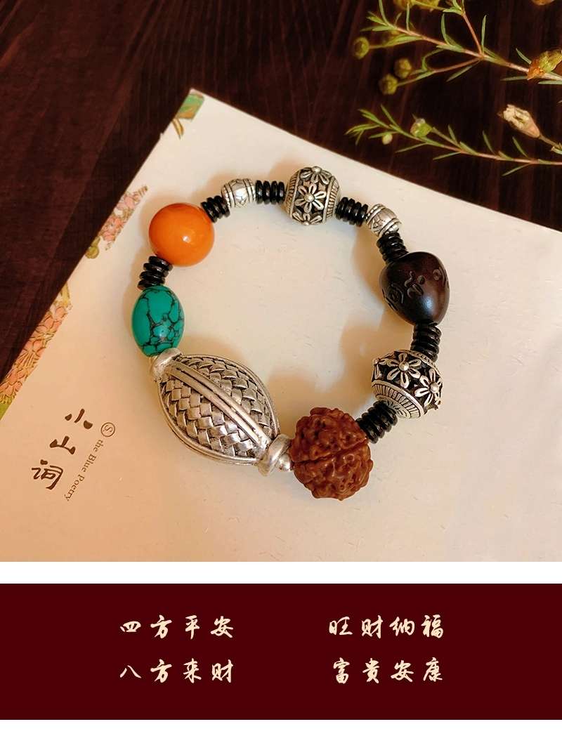 晶珀丽饰品绿松蜜蜡韩国进口弹力线财源滚滚藏银手链详情图15