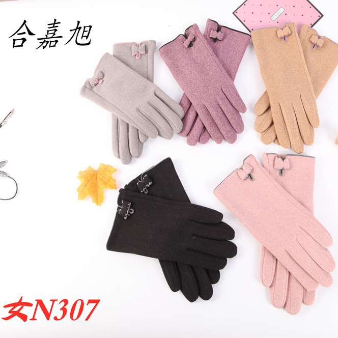 He Jia Xu female autumn and winter touch screen plus cashmere warm lovely Korean version of the tide Japanese outdoor driving bike all finger cotton gloves N307 thumbnail