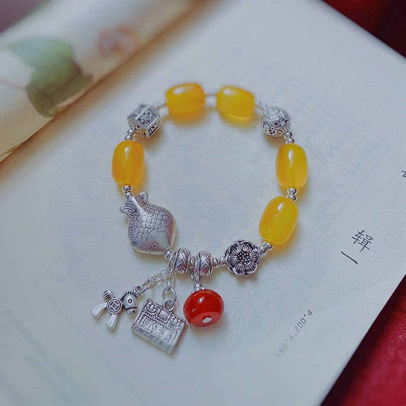 Jingpuli Jewelry Silver Fish Multi-Treasure Amber Korean imported elastic String Silver bracelet