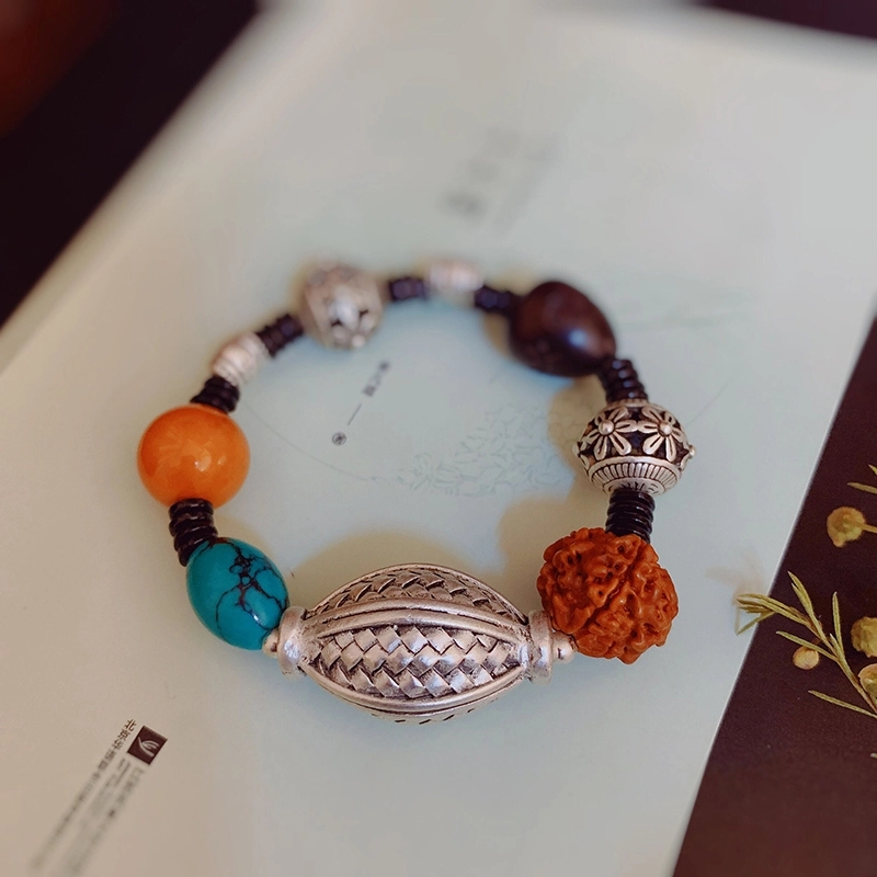 晶珀丽饰品绿松蜜蜡韩国进口弹力线财源滚滚藏银手链详情图20