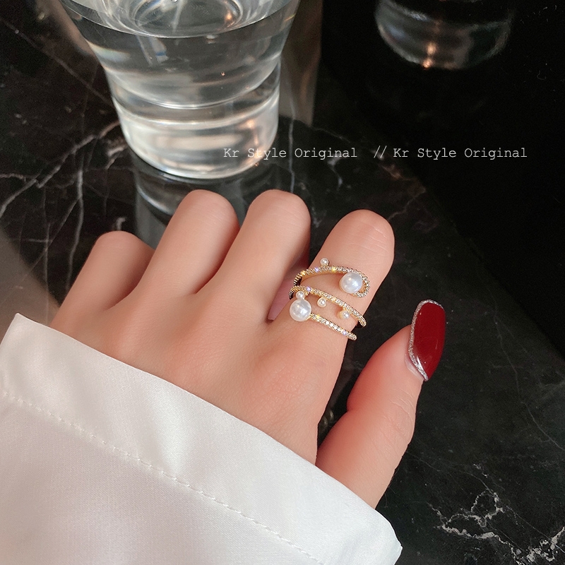 三层珍珠戒指女夏小众设计感食指戒时尚开口戒冷淡风2021年新款潮