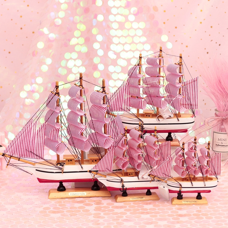 粉色条纹帆船模型海盗船摆设家居装饰摆件