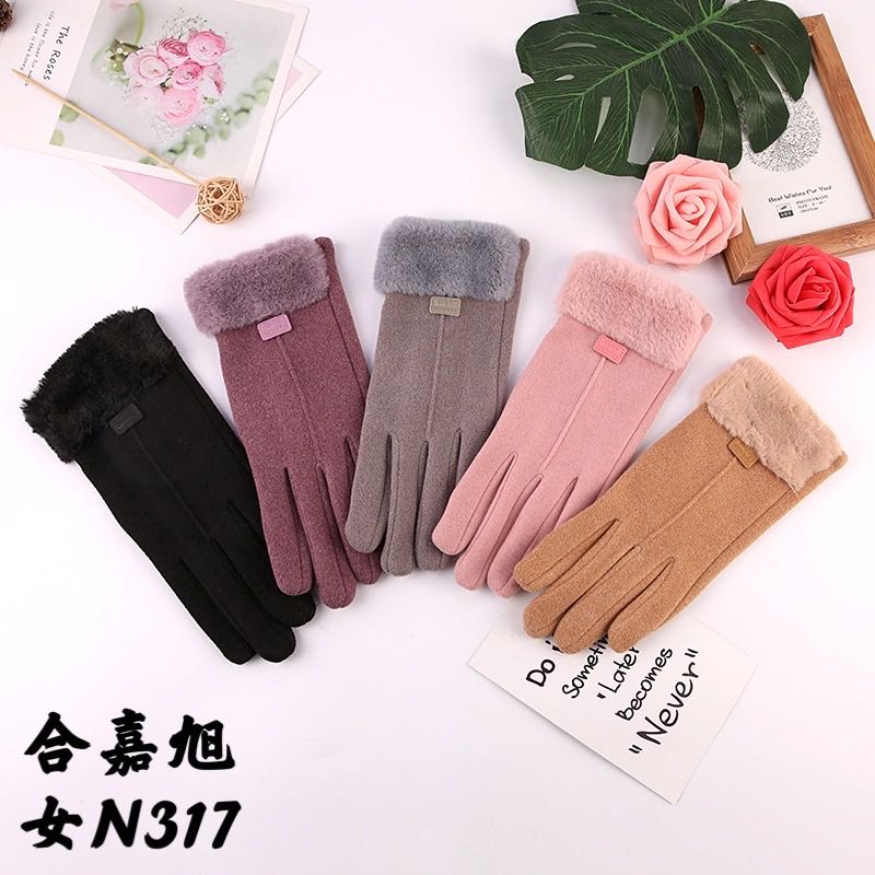 He Jia Xu Female Autumn And Winter Touch Screen Plus Velvet Warm Lovely Korean Version Of The Japanese Outdoor Driving Bike All Finger Cotton Gloves N317
