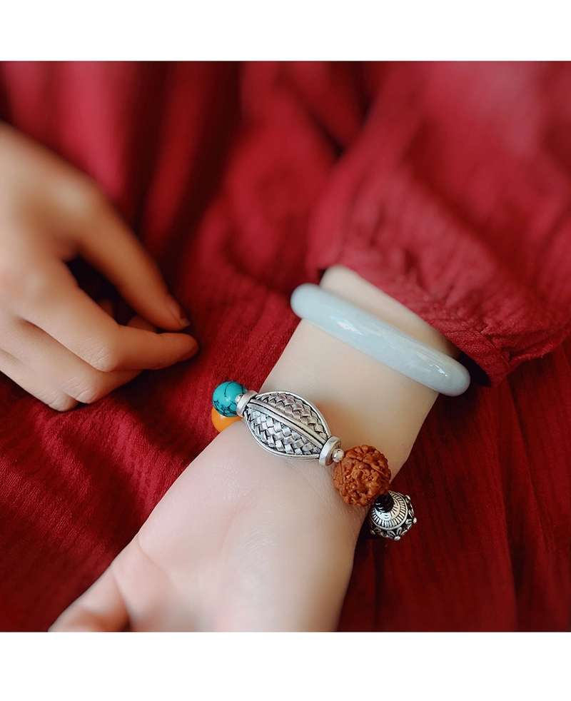 晶珀丽饰品绿松蜜蜡韩国进口弹力线财源滚滚藏银手链详情图1