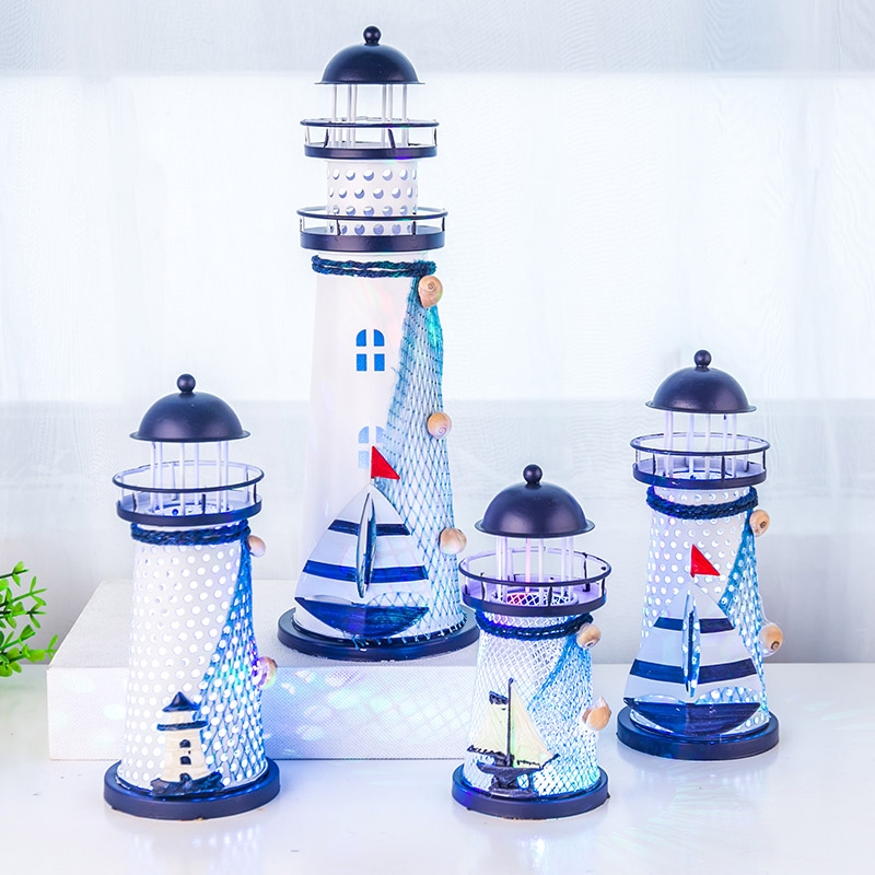 包邮 地中海风格装饰铁皮烛台电子灯塔 创意海洋装饰摆设婚庆礼品木制摆件 手工工艺品