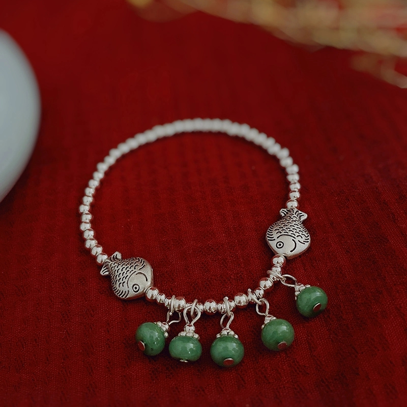 晶珀丽饰品绿玛瑙藏银蜜蜡韩国弹力线脚链