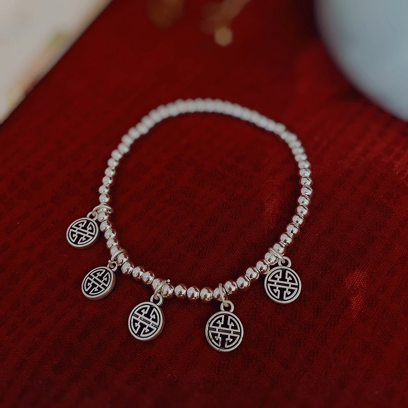 晶珀丽饰品藏银珠韩国弹力线五福临门藏银脚链