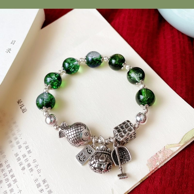 晶珀丽饰品天然水晶绿幽灵手链珠手串小鱼钱袋簸箕本命年饰品复古风饰品
